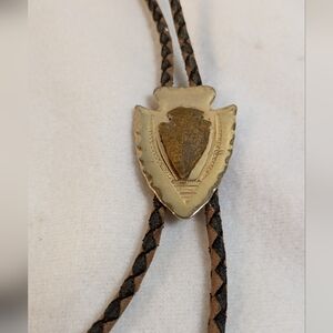 Western Bolo Tie Arrowhead Gold Slide Brown Agate Stone Black Brown Cord Necktie
